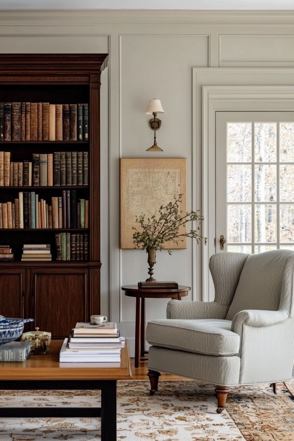 Cozy nook featuring colonial charm, bookshelf, warm lighting, and armchair.