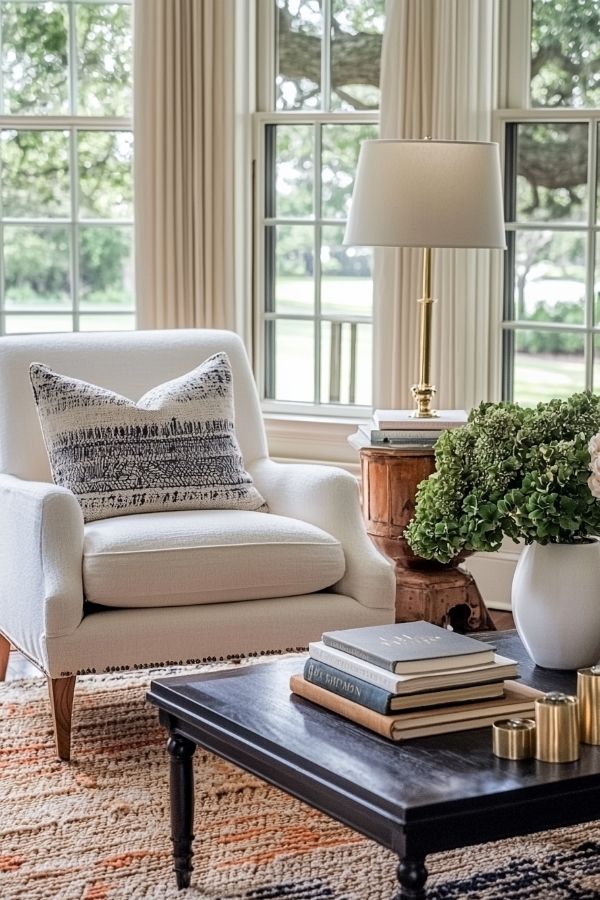 Warm colonial living room with fireplace and scenic window view.