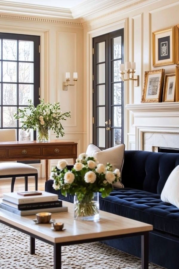 Colonial-style living room with navy sofa, elegant decor, traditional accents.