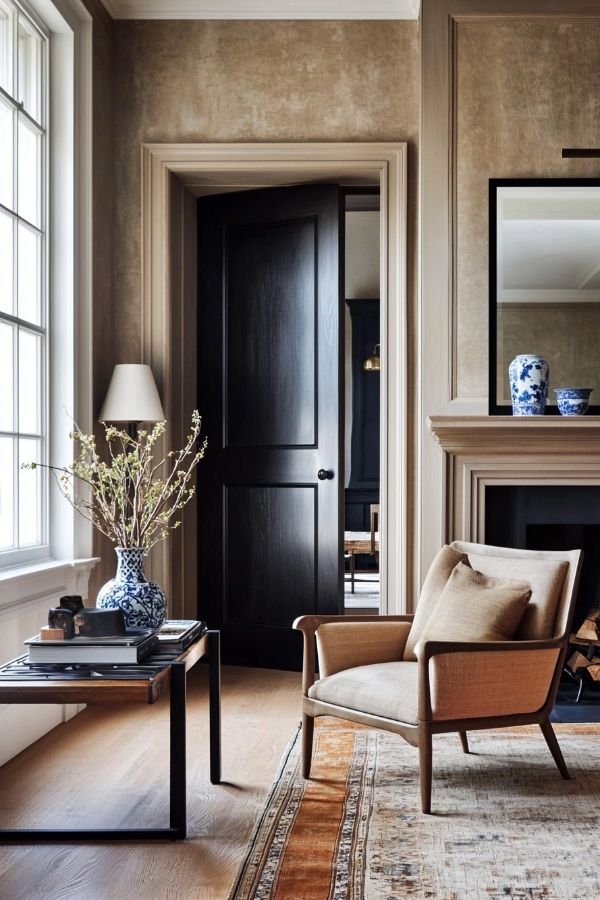 A cozy colonial living room featuring dark, moody accents throughout.