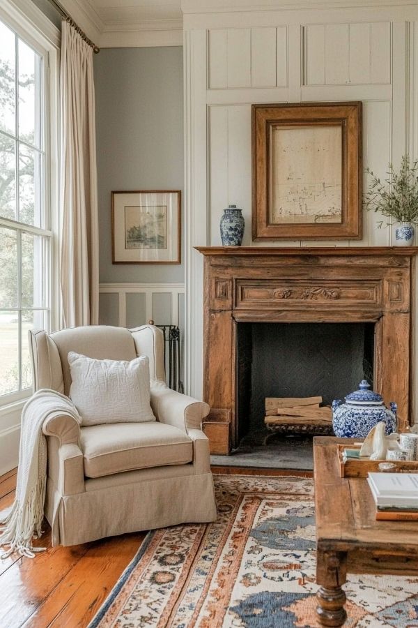 Cozy rustic colonial living room featuring a wooden fireplace centerpiece.