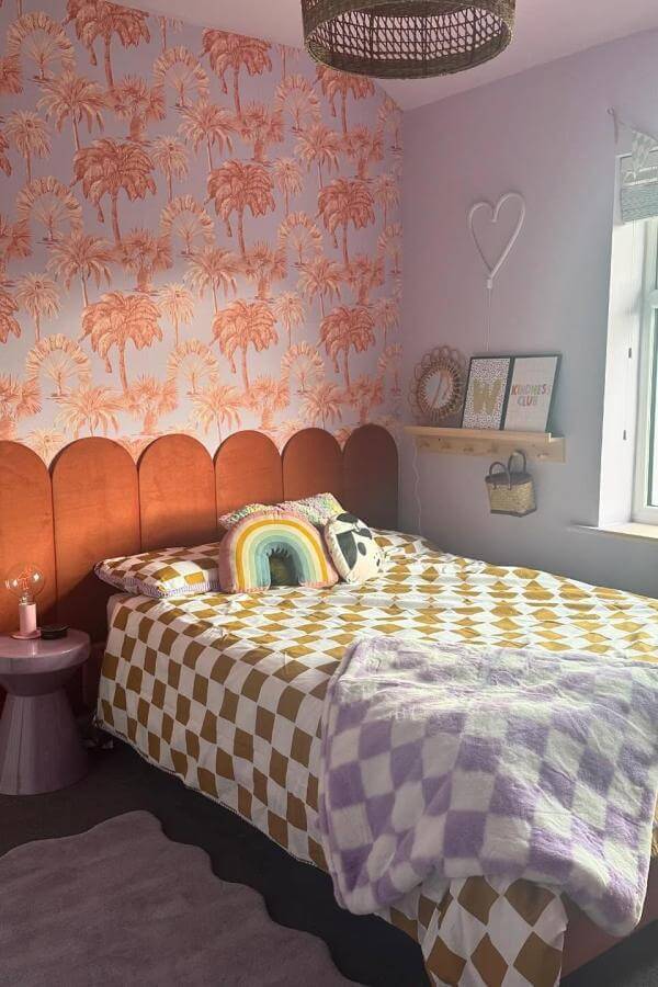 Tropical wallpaper brightens room from @our_home_at_number_nine, creating a colorful teenage bedroom oasis filled with vibrant charm.