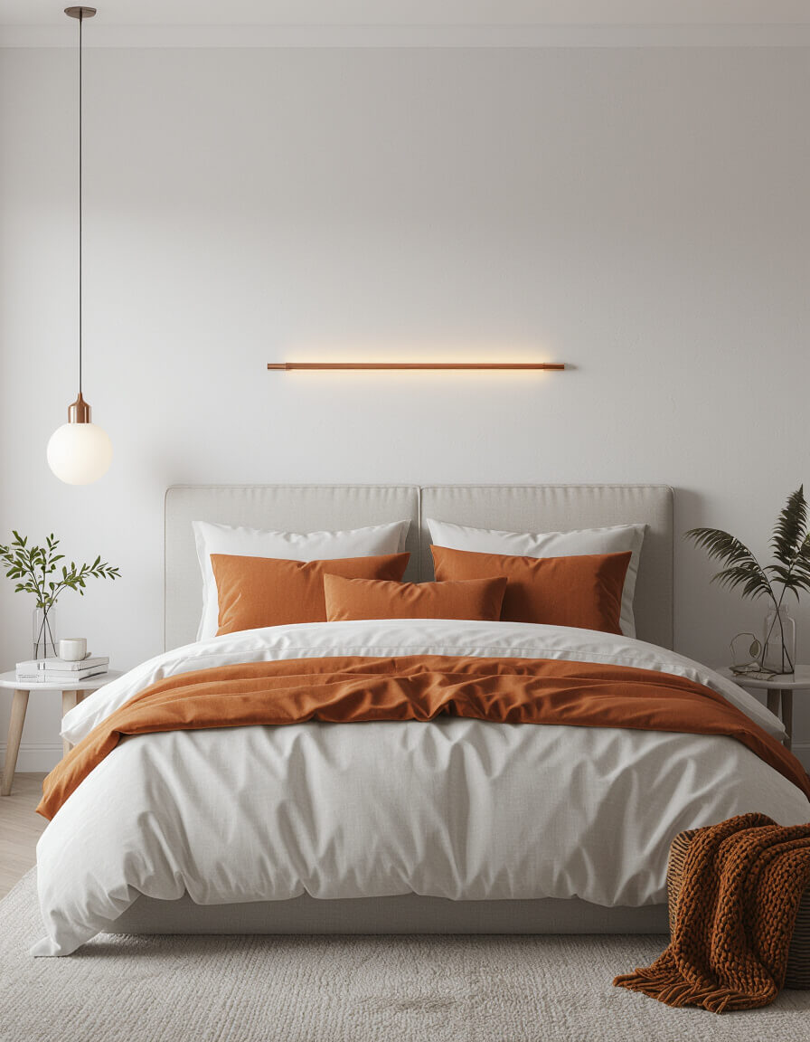 Copper pendant light glows warmly above minimalist bedroom with white walls and amber pillows creating cozy fall decor atmosphere