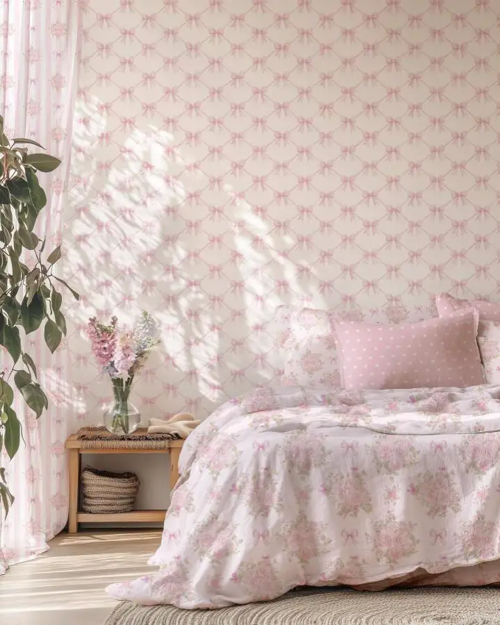 Soft pink bow-patterned bedroom from @gentle_echoes_art showcasing romantic coquette bedroom decor ideas with matching textiles.