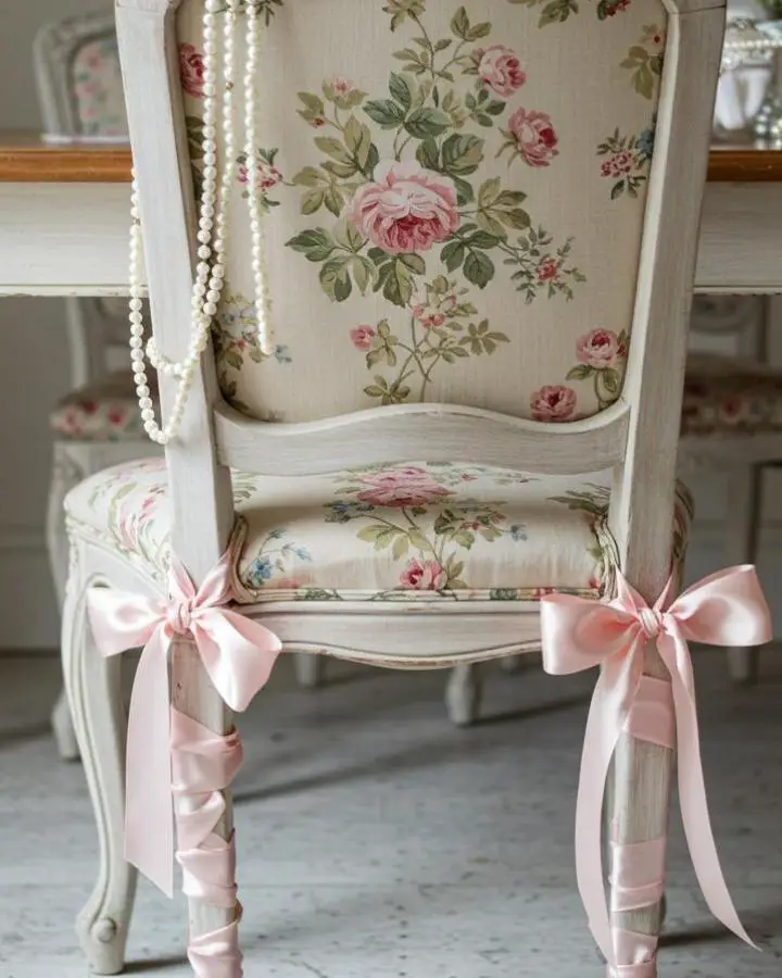 Vintage floral chair from @coqueture with pink ribbon details tied around carved white legs.