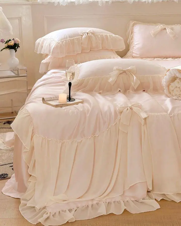 Champagne ruffled bedding set from @vibecoredecor. Romantic cream linens with bow details and layered textures.