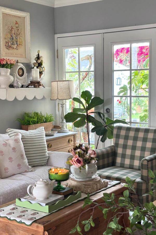 Soft gingham fabric chair from @a_bit_of_cottage_charm. Invokes cozy cottagecore aesthetic and timeless whimsy.