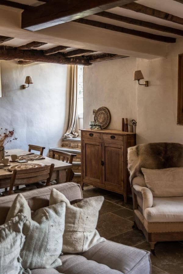 Warm neutral rustic wood beams from @whatstacydid. Cozy cottagecore aesthetic with natural textures and soft lighting.