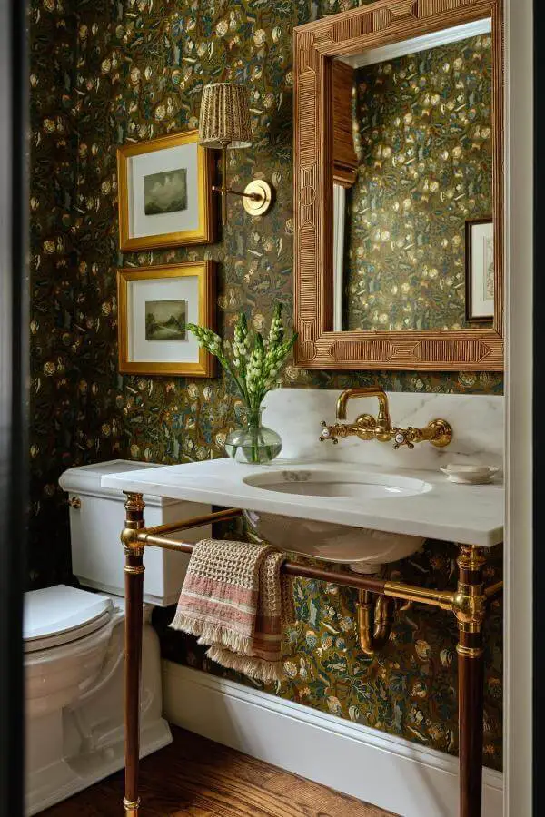 Botanical green wallpaper bathroom from @katierosenfeld. Brass fixtures and marble console complete the countryside aesthetic.