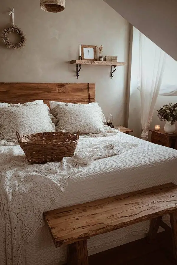 Warm-toned rustic wood bed frame from @s.w.e.e.t_home. Cozy charm inspired by cottagecore bedroom ideas.