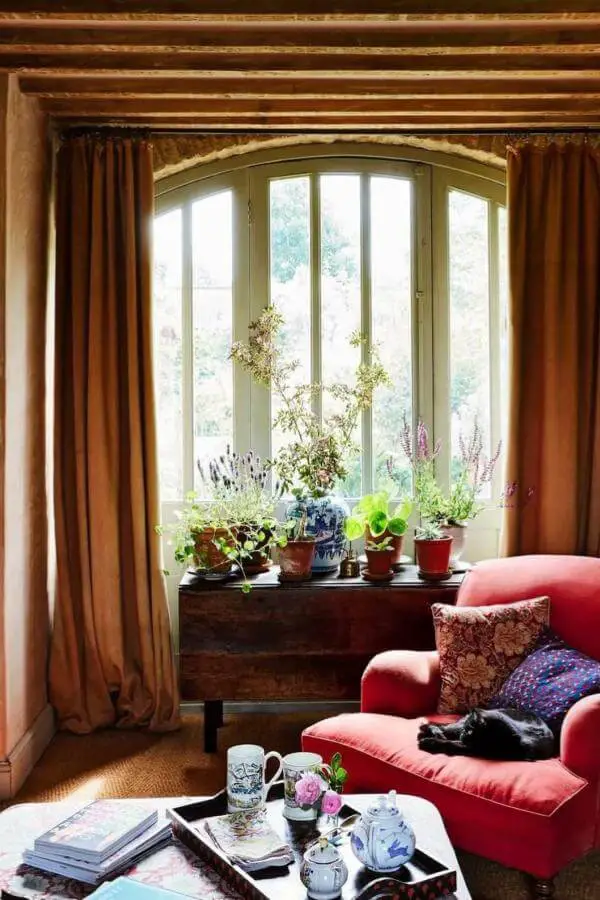 Sunlit wooden window plants from @louiseroehome. Cozy cottagecore living room garden brings nature indoors.