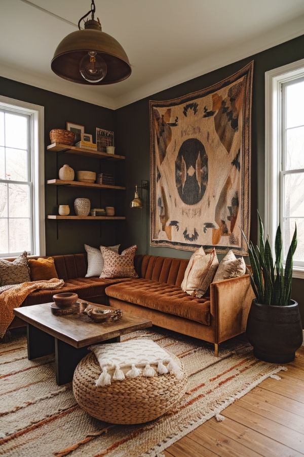 Cozy room with rustic accents, featuring muted pink decor elements.