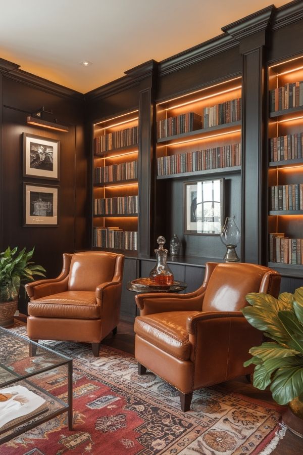 Cozy home library ideas: warm lighting, plush seating, wooden shelves, soft rugs.