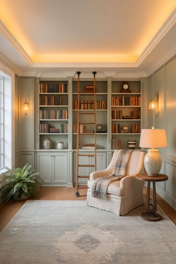 Cozy home library ideas: Warm lighting, plush seating, wooden shelves, inviting ambiance.