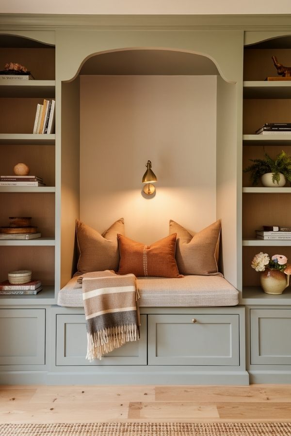 cozy home library ideas warm lighting, plush seating, inviting shelves, soft rugs