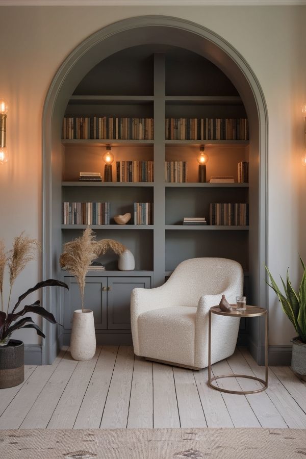 cozy home library ideas: warm lighting, plush seating, wooden shelves, serene atmosphere.