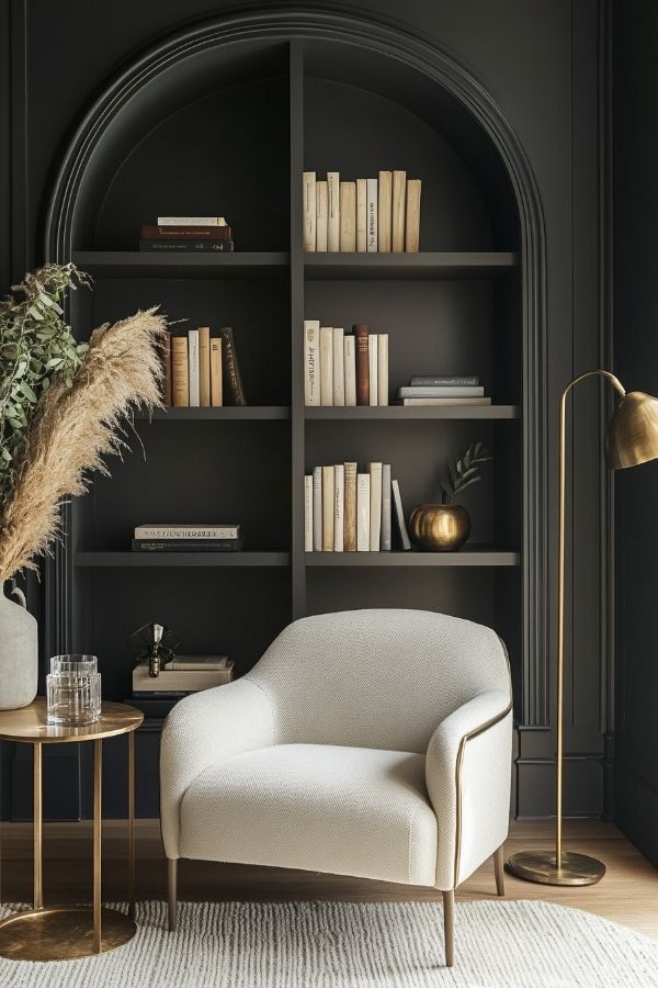 Cozy home library ideas: Soft lighting, plush seating, warm wood shelves.