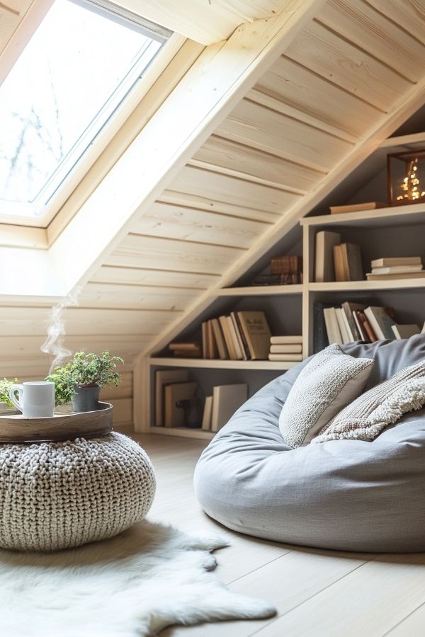 Cozy home library ideas: soft lighting, plush seating, warm colors, abundant books.