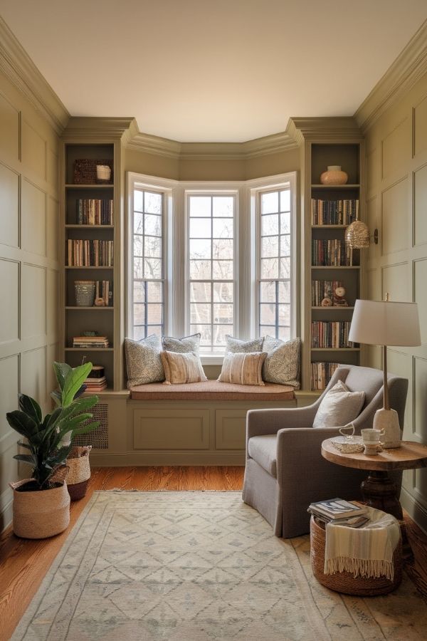 Cozy home library ideas: plush seating, warm lighting, wooden shelves, soft rugs.