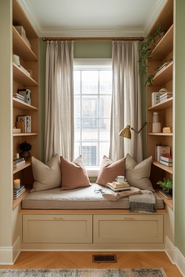 Cozy home library ideas: Warm lighting, plush chairs, wooden bookshelves, inviting rugs.