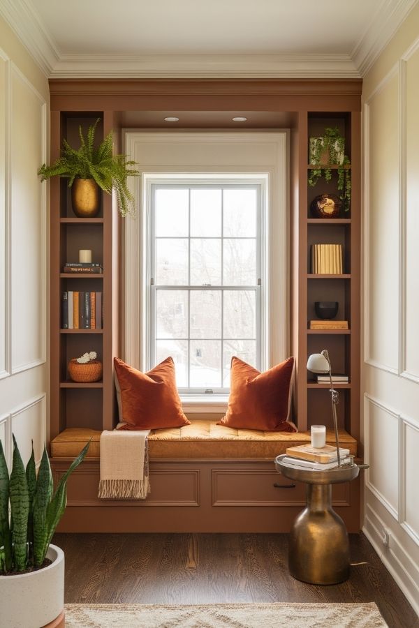 Cozy home library ideas: warm lighting, plush seating, wooden shelves, soft rugs.