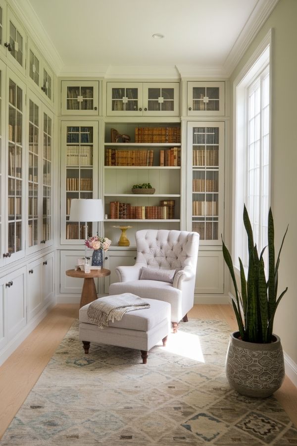 Cozy home library ideas with warm lighting and plush seating.