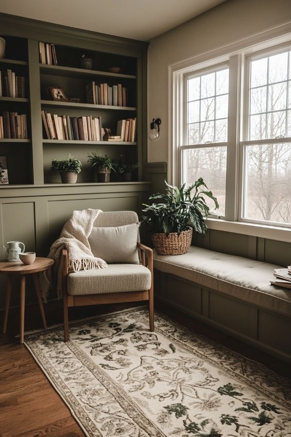 Cozy home library ideas: warm lighting, plush seats, wooden shelves, inviting ambiance.