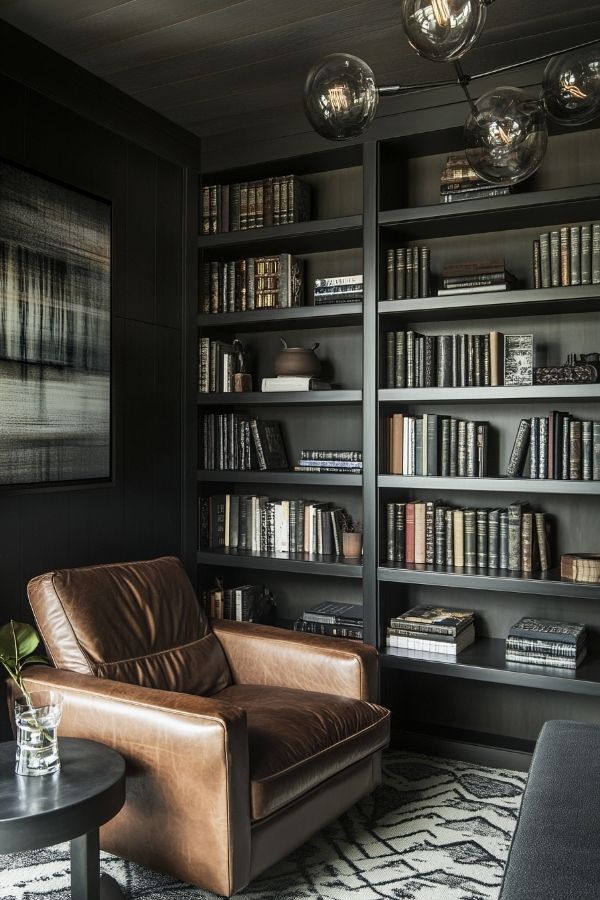 Cozy home library ideas: warm lighting, plush seating, rich wood shelves, inviting.