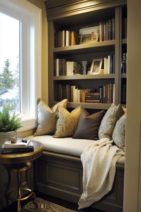 Cozy home library ideas: plush armchair, wooden shelves, warm lighting, inviting nook.