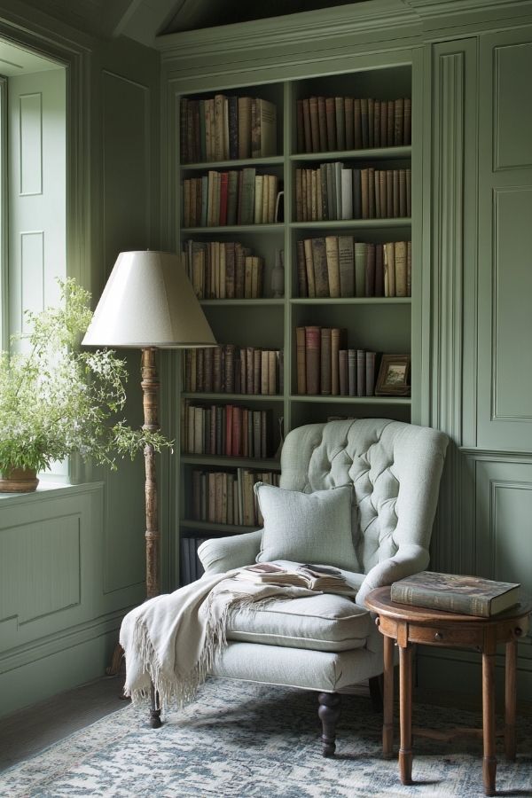 Cozy home library ideas: Warm lighting, plush chairs, decorative bookends, inviting space.