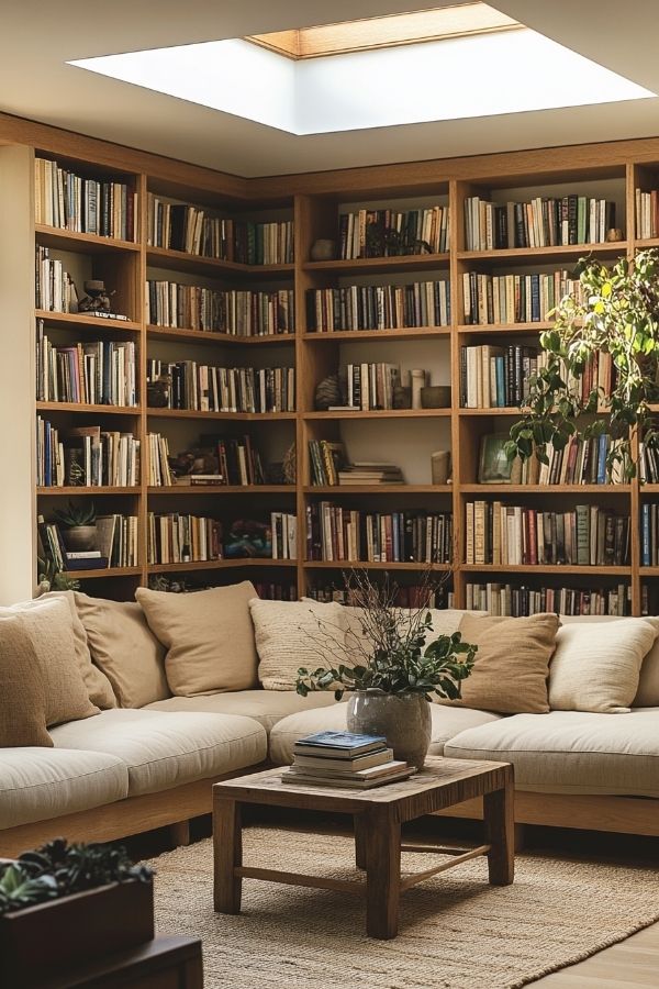 Cozy home library ideas: warm lighting, plush seating, soft rugs, wooden shelves, peaceful ambiance.