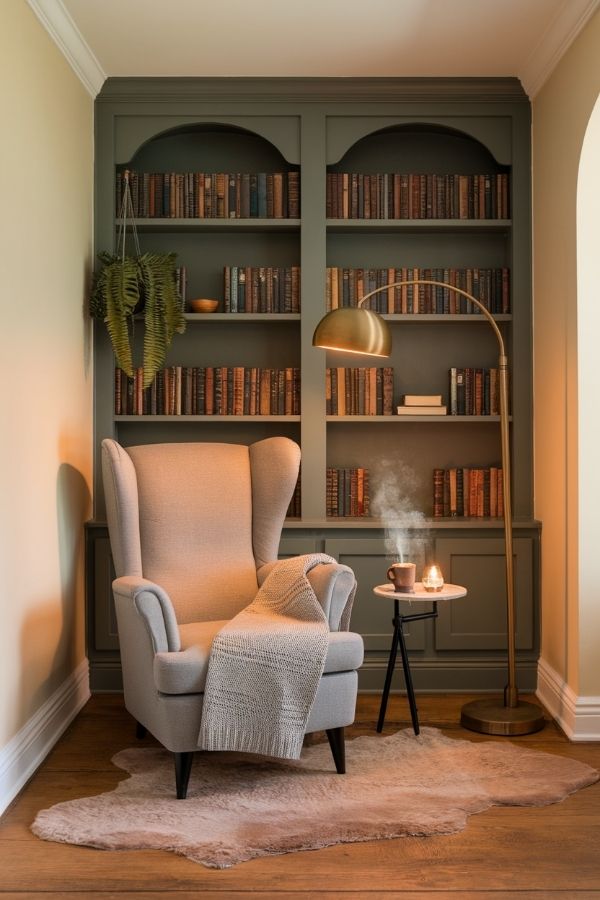 cozy home library ideas: warm lighting, plush seating, wooden bookshelves, inviting ambiance.