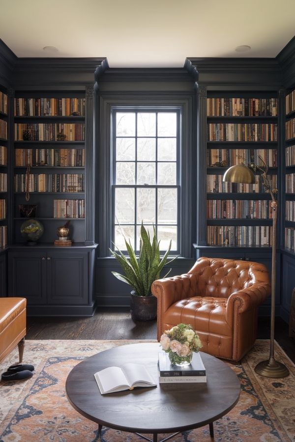 Cozy home library ideas with warm lighting, plush seating, and shelves.