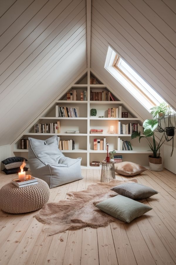 Cozy home library ideas: warm lighting, plush seating, wooden shelves, inviting atmosphere.