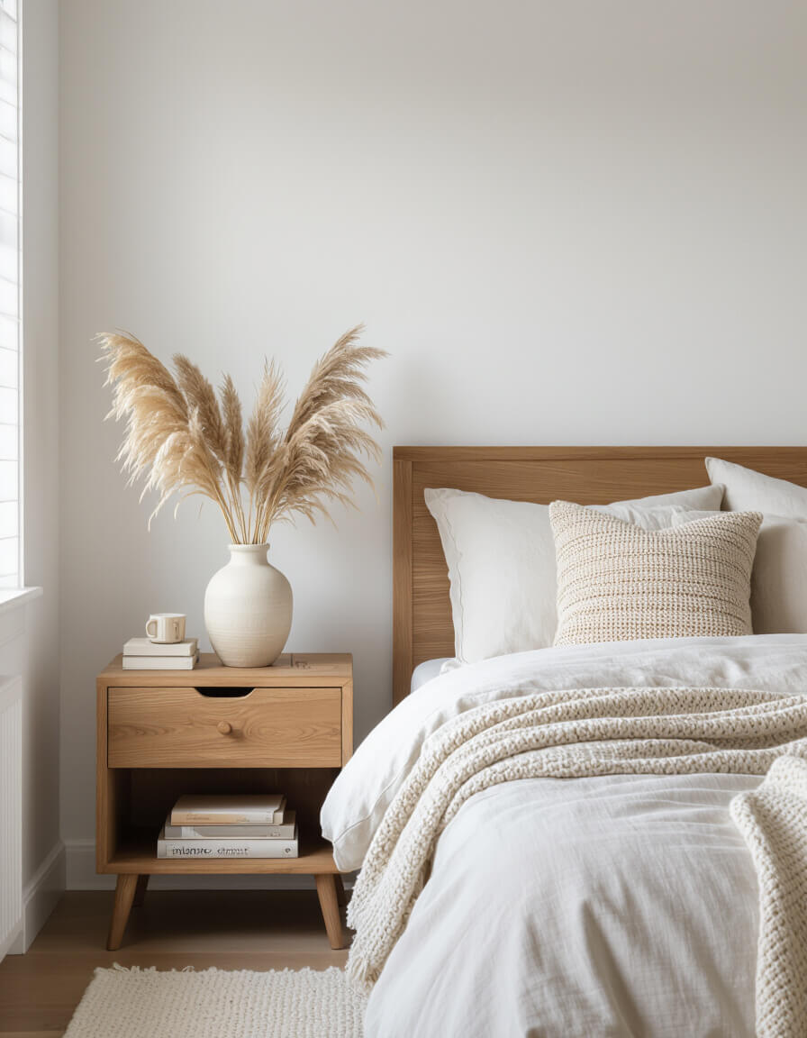 Cozy reading corner with wooden chair, cream throw, and ceramic vase containing pampas grass in minimalist fall bedroom setting