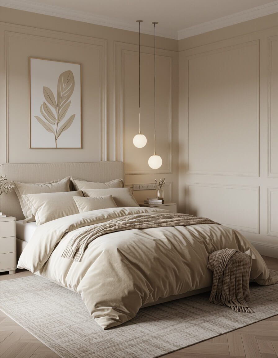 Cream toned warm sanctuary bedroom featuring vanilla walls and champagne bedding in monochrome style design