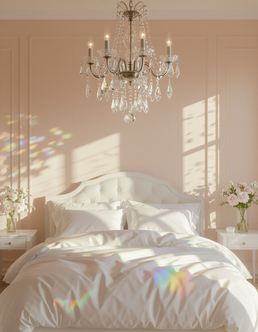Crystal chandelier casting rainbow light reflections over white satin bedding in romantic bedroom with soft peach walls creating intimate ambiance