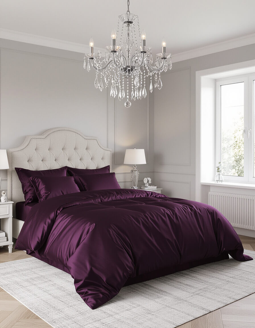 Elegant crystal chandelier hanging above king bed with deep purple satin sheets against dove gray walls in romantic bedroom setting
