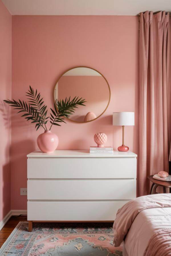 Silver-framed round mirror elevates elegant ambiance in a cute pink bedroom, enhancing delightful decor charm.