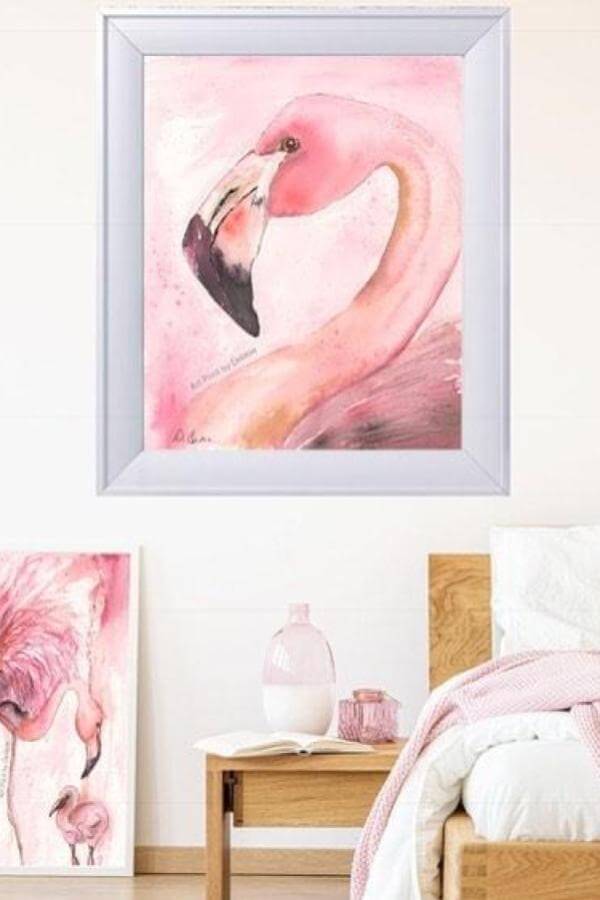 Vibrant flamingo art elevates whimsical dreamscape from @debbiecerone_artist, perfect inspiration for a cute pink bedroom.