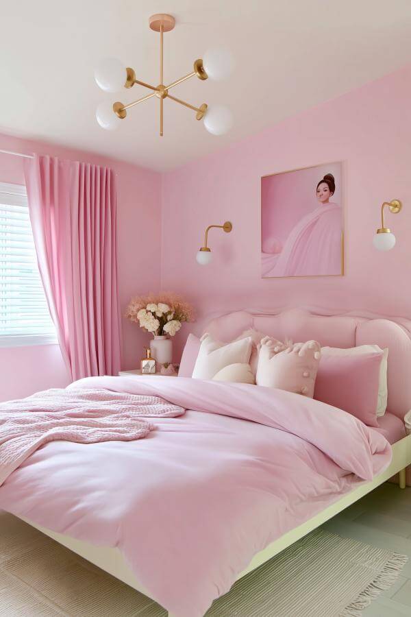 Golden chandelier from a cute pink bedroom adds a dreamy, elegant touch with its warm glow.