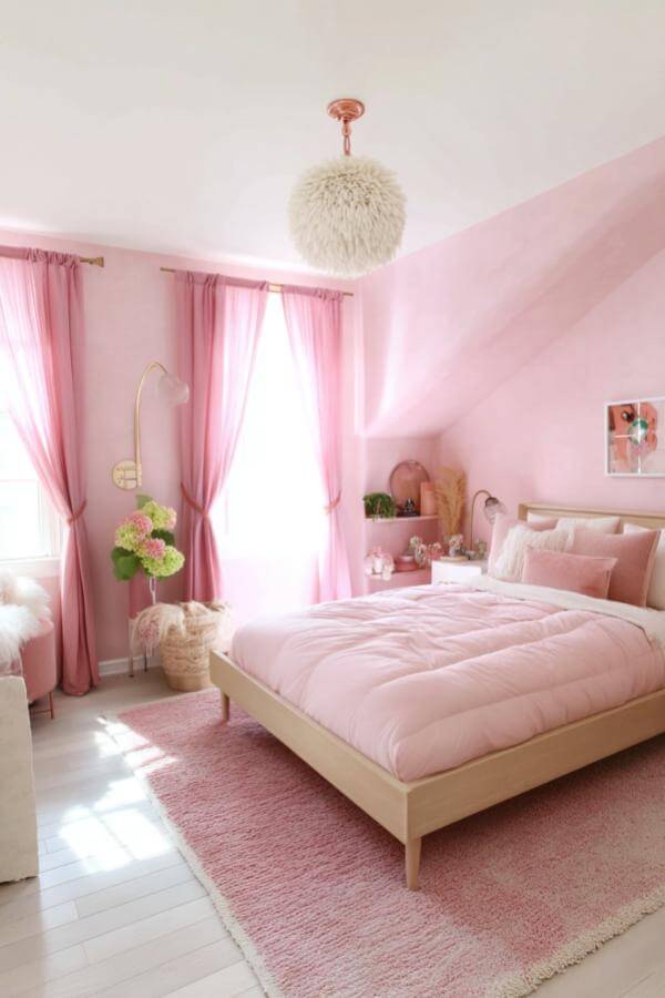 Whimsical fluffy chandelier from a cute pink bedroom adds charm and elegance.
