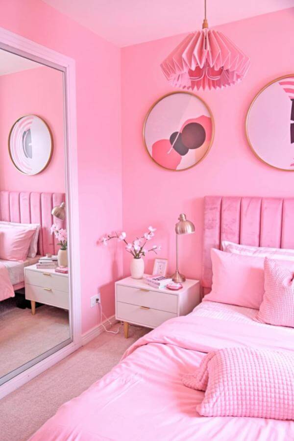 Blush bedroom with artful wall displays featuring playful decor from cute pink bedroom ideas.