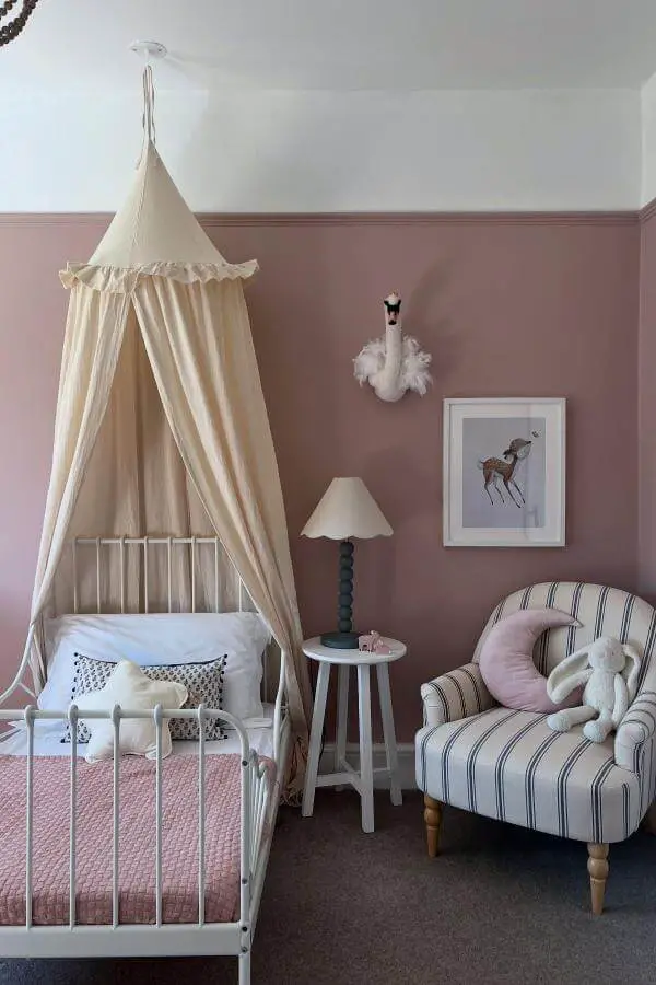 Blush-toned canopy bed from @grace.athome. Dreamy and soft, perfect for whimsical bedroom ideas.