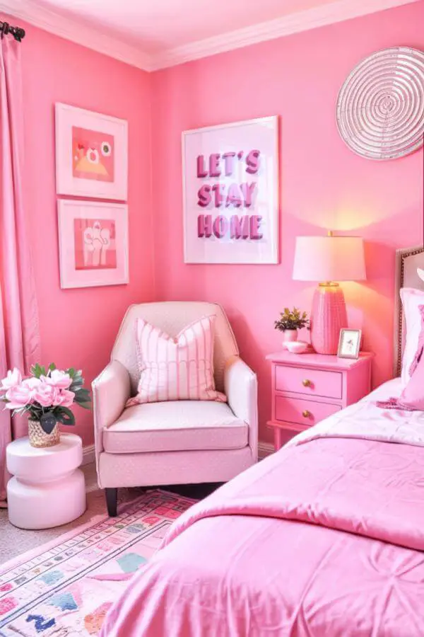 Playful wall art from a cute pink bedroom adds vibrant charm and whimsy.