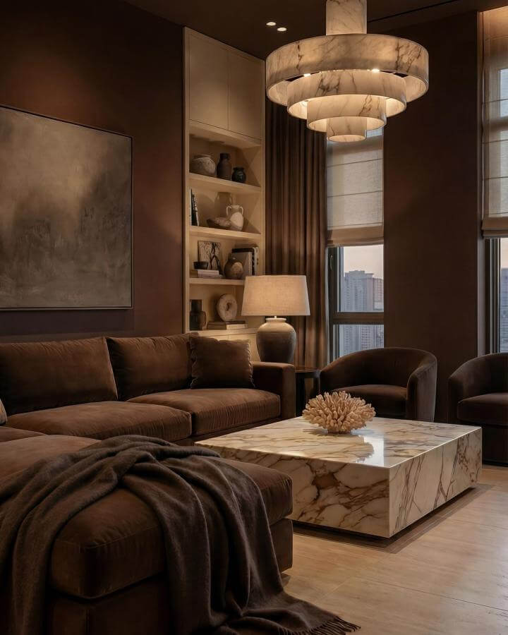 Dark brown velvet couch with marble coffee table and light fixtures in a warm cozy living room from @batuormanstudio showing stylish dark brown couch living room ideas.
