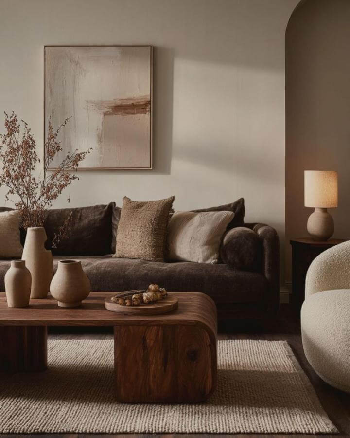 Dark brown plush sofa with wooden coffee table and neutral decor by @manuel.fiori cozy, earthy living room style.
