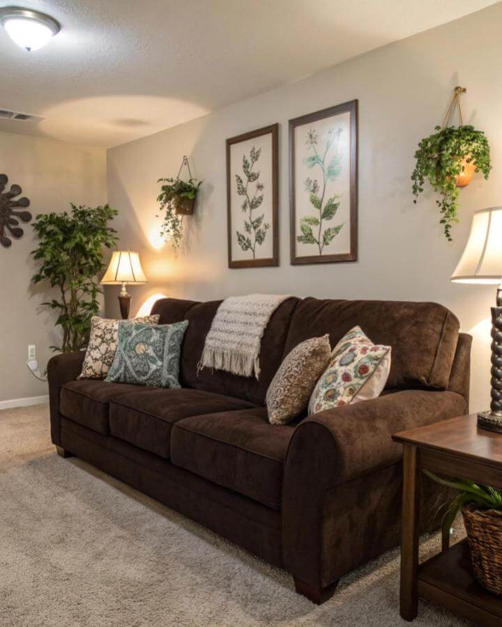 Dark brown plush sofa in cozy living room setting with botanical wall art and hanging plants from @nekigdecor creating warm natural vibe