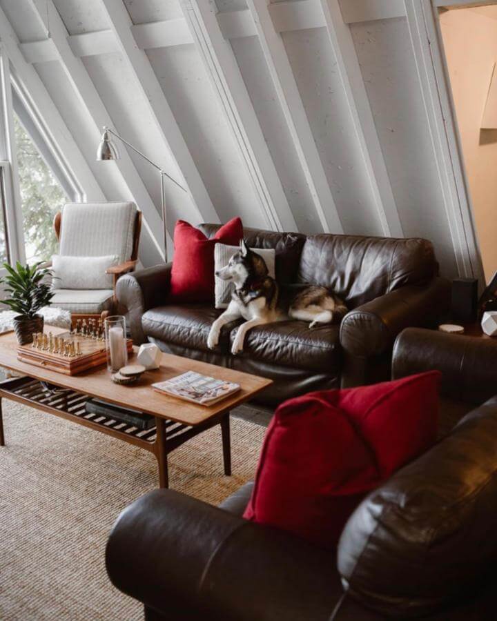 Dark brown leather couch with red pillows and wooden coffee table in cozy living room by @trottcollection featuring a dog lounging comfortably.