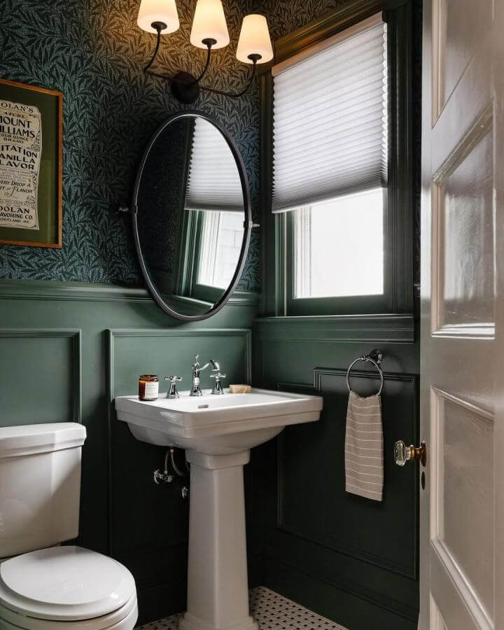 dark green powder room with pedestal sink and elegant wainscoting by @according2jenni brightened by window light and wall sconce